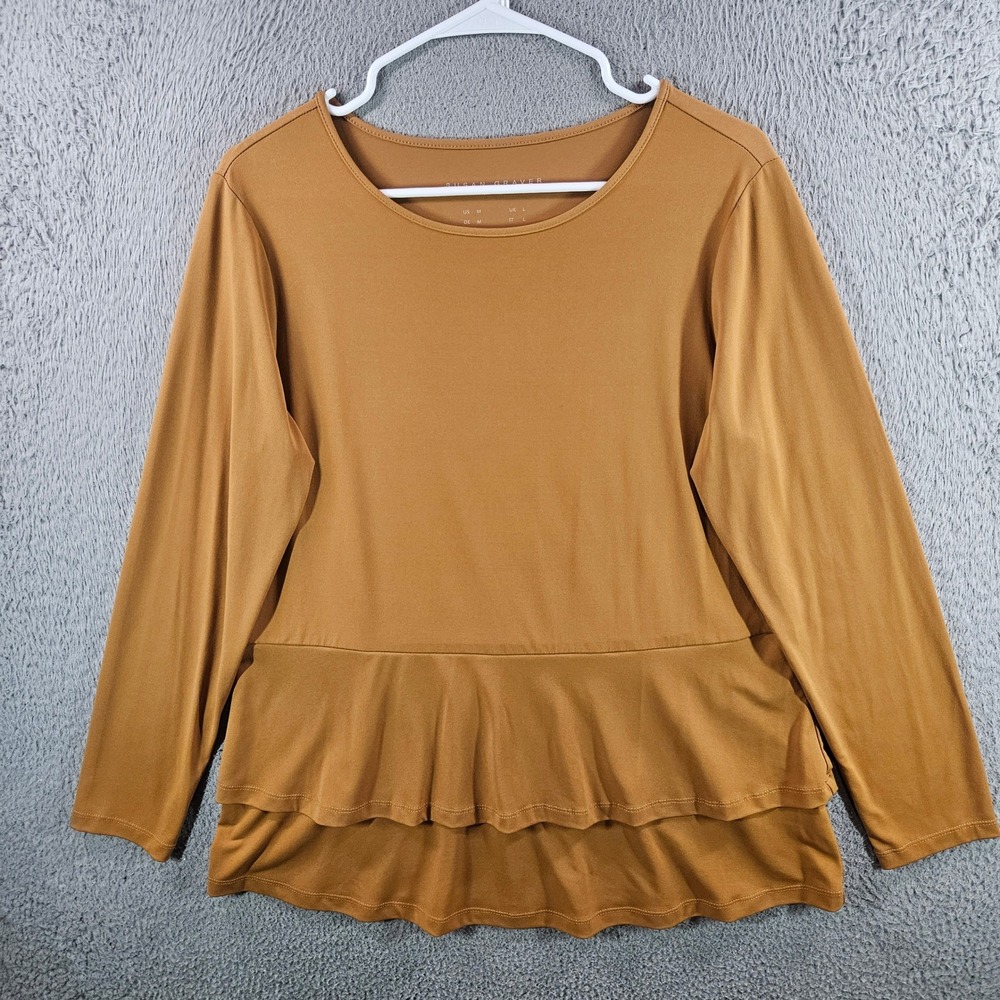 Susan Graver Modern Essentials‎ Mustard Yellow Ruffle Peplum Top Womens Medium